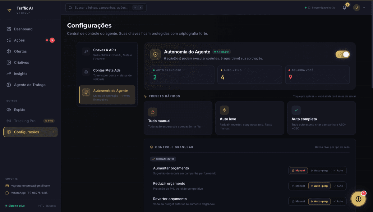 Tela de Configurações do Traffic AI: autonomia por tipo de ação (automático, notifica, pede aprovação)